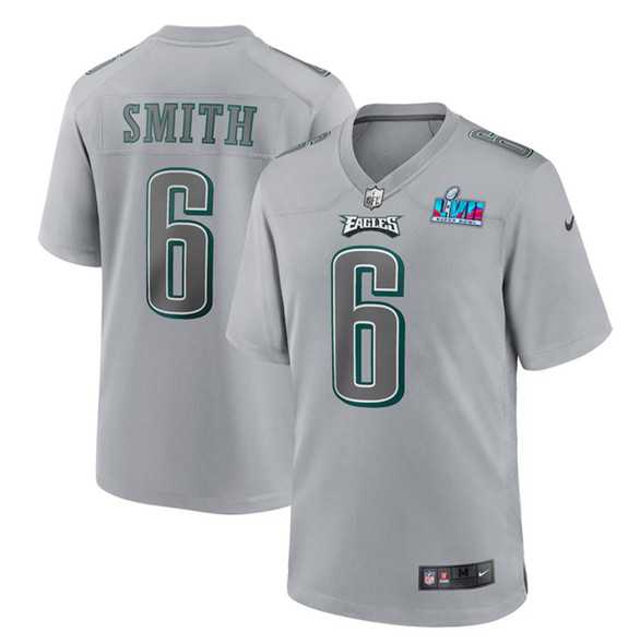 Mens Philadelphia Eagles #6 DeVonta Smith Gray Super Bowl LVII Patch Atmosphere Fashion Stitched Game Jersey->philadelphia eagles->NFL Jersey